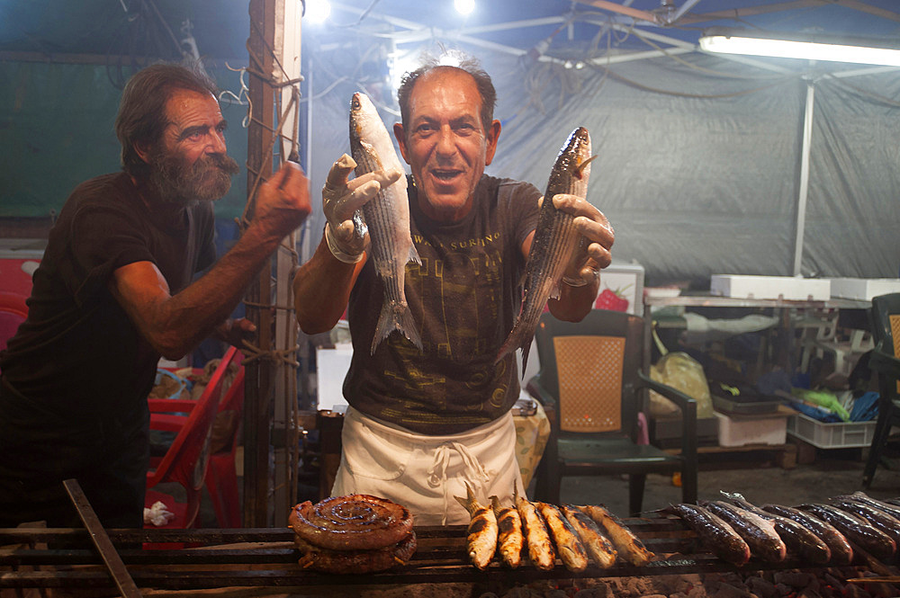 Mullet Grilled, Typical Sardinia recipe, Feast of Santa Vitalia, Serrenti, Campidano, Sardinia, Italy, Europe,