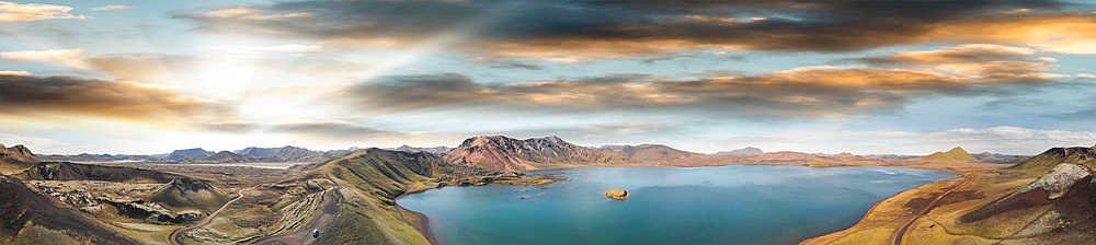 Panoramic sunset aerial view of Frostastadhavatn lake. Landmannalaugar, Fjallabak Nature Reserve in the Highlands of Iceland.