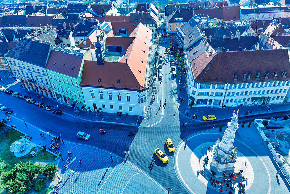 Castle Hill in Budapest - Budai Var medieval town in Buda, aerial view from tower.