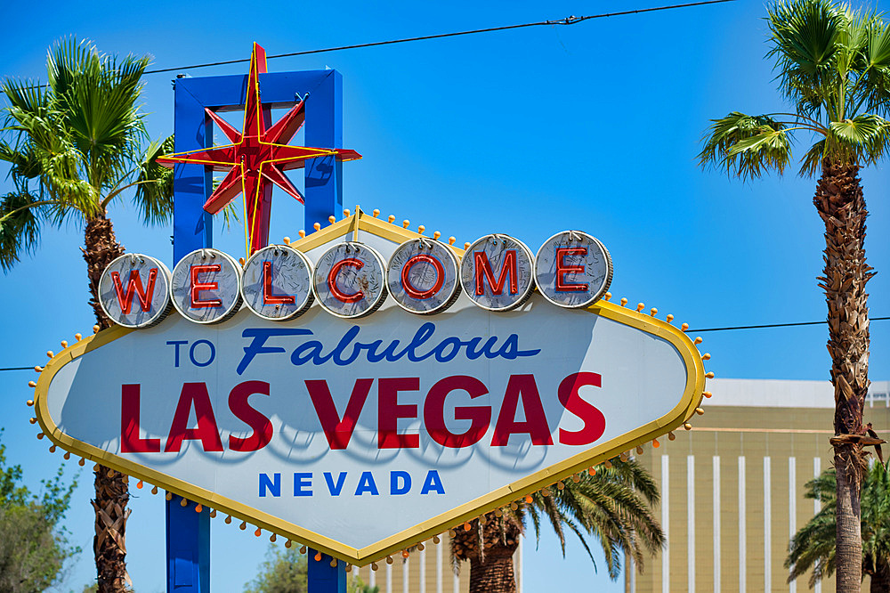 Famous Las Vegas sign on bright sunny day, Nevada.