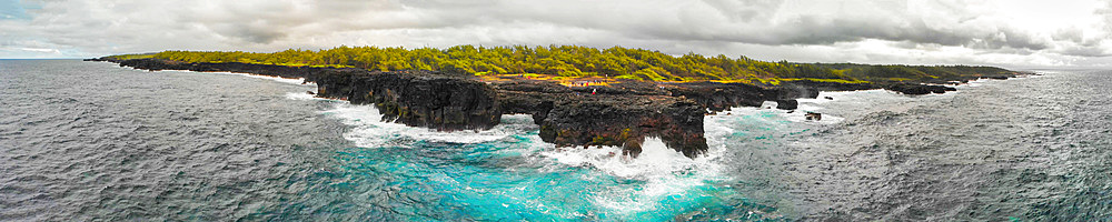 Panoramic aerial view of Pont Naturel in Mauritius. This is a natural bridge over the water.