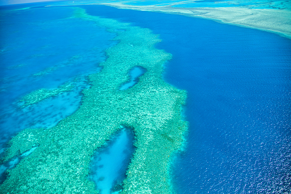 Natural Great Barrier Reef in Queensland. Aerial view of nature paradise with magnificent colors.