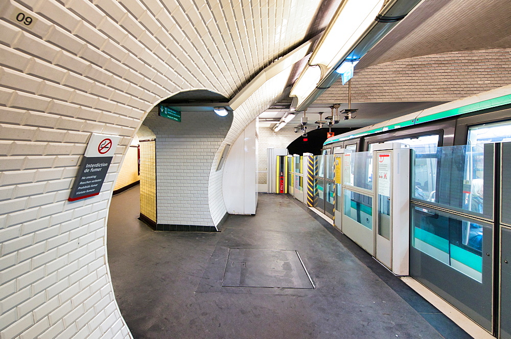 Interior of Subway Station in Paris. Metro train.