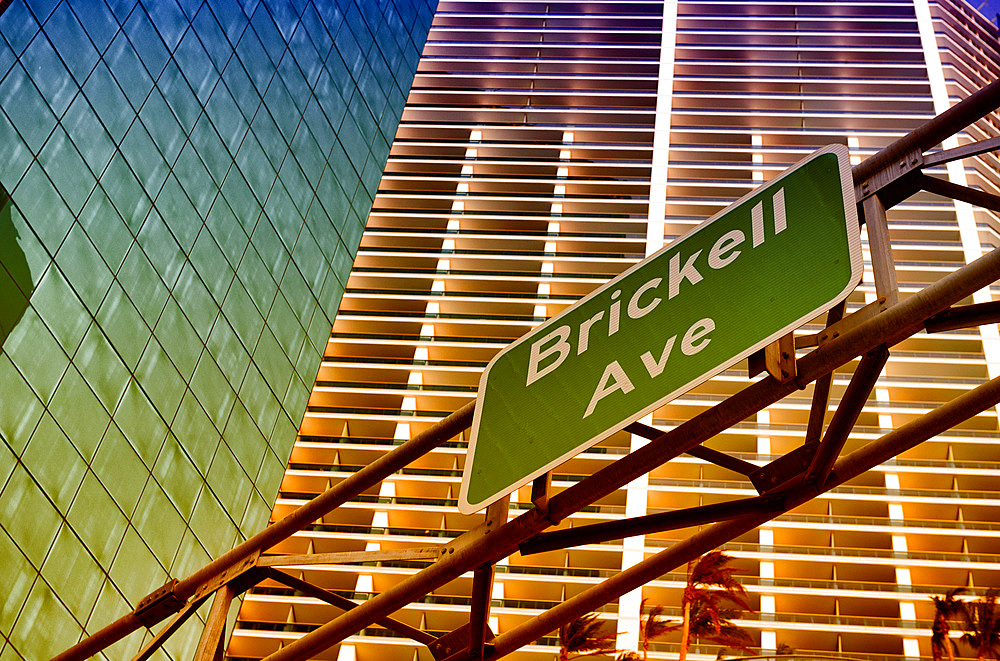 Brickell Avenue road sign in Downtown Miami, Florida