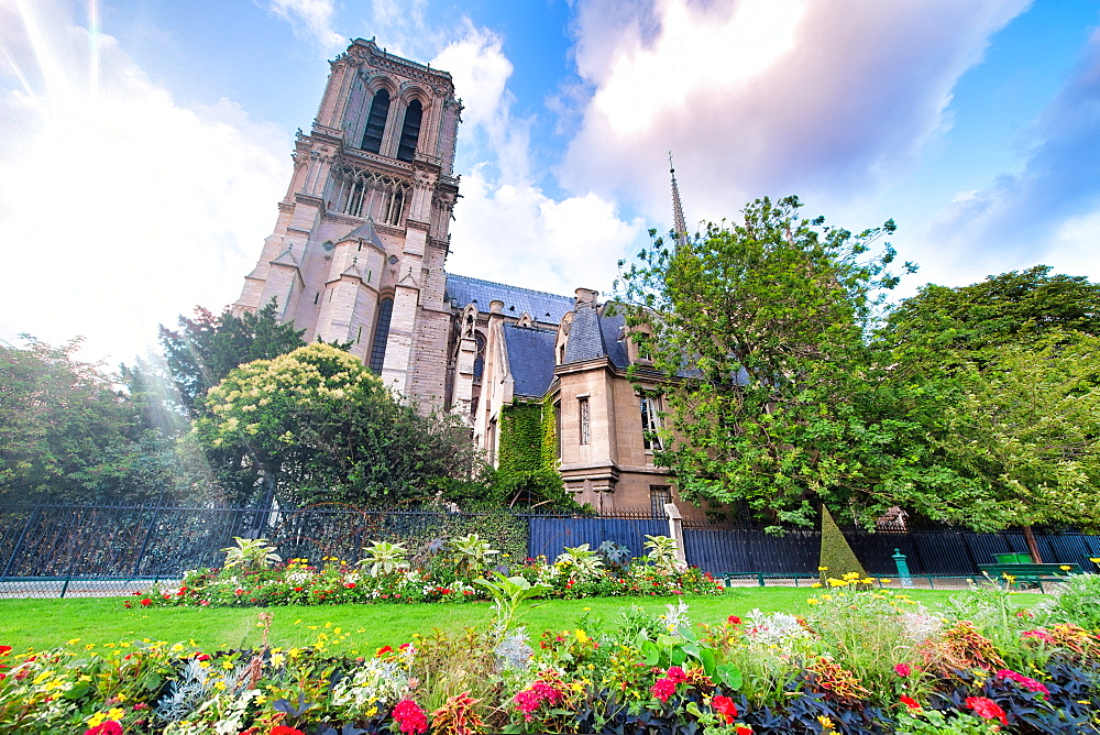 Notre Dame exterior view from Jean XXIII Park, Paris, France