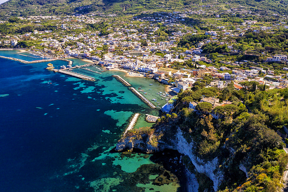 Aerial view, Il Fungo (mushroom) sea rock, Lacco Ameno, Ischia, Campania, Italy, Europe