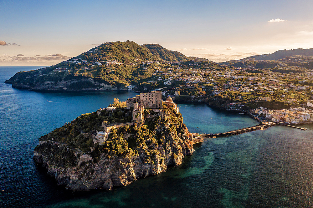 Aerial view, Aragonese Castle, Ischia Porto, Ischia island, Campania, Italy, Europe