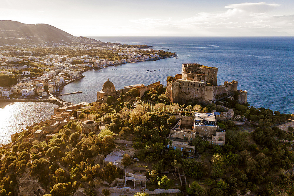 Aerial view, Aragonese Castle, Ischia Porto, Ischia island, Campania, Italy, Europe