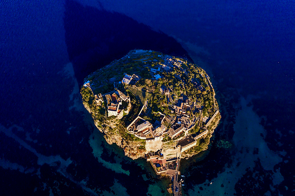 Aerial view, Aragonese Castle, Ischia Porto, Ischia island, Campania, Italy, Europe