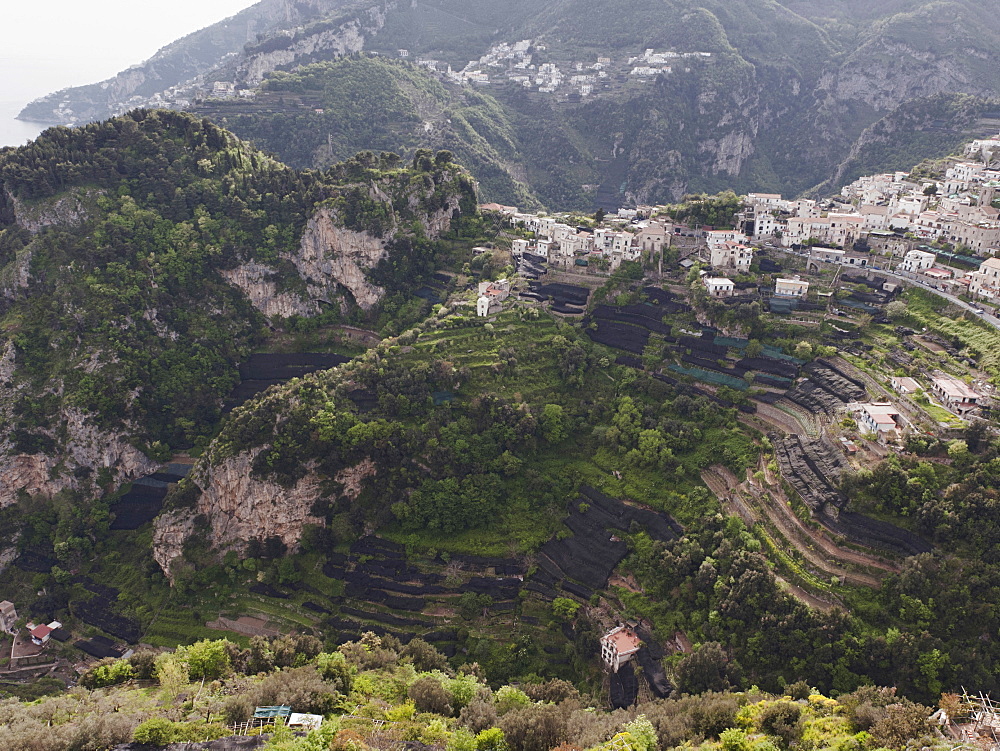 View of Scala, a small town near Ravello, The view is offered by one of the balconies of the garden in the Villa Cimbrone, Ravello, Amalfi Coast, Campania, Italy, Europe