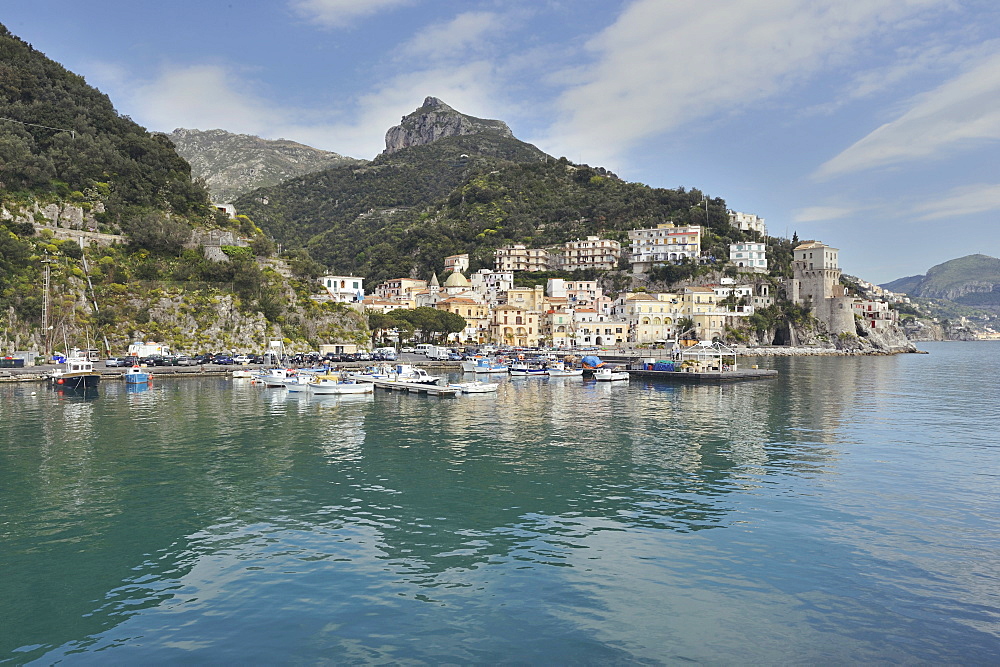 Cetara and its harbor photographed from the outside of the latter. Cetara, Amalfi Coast, Campania, Italy.