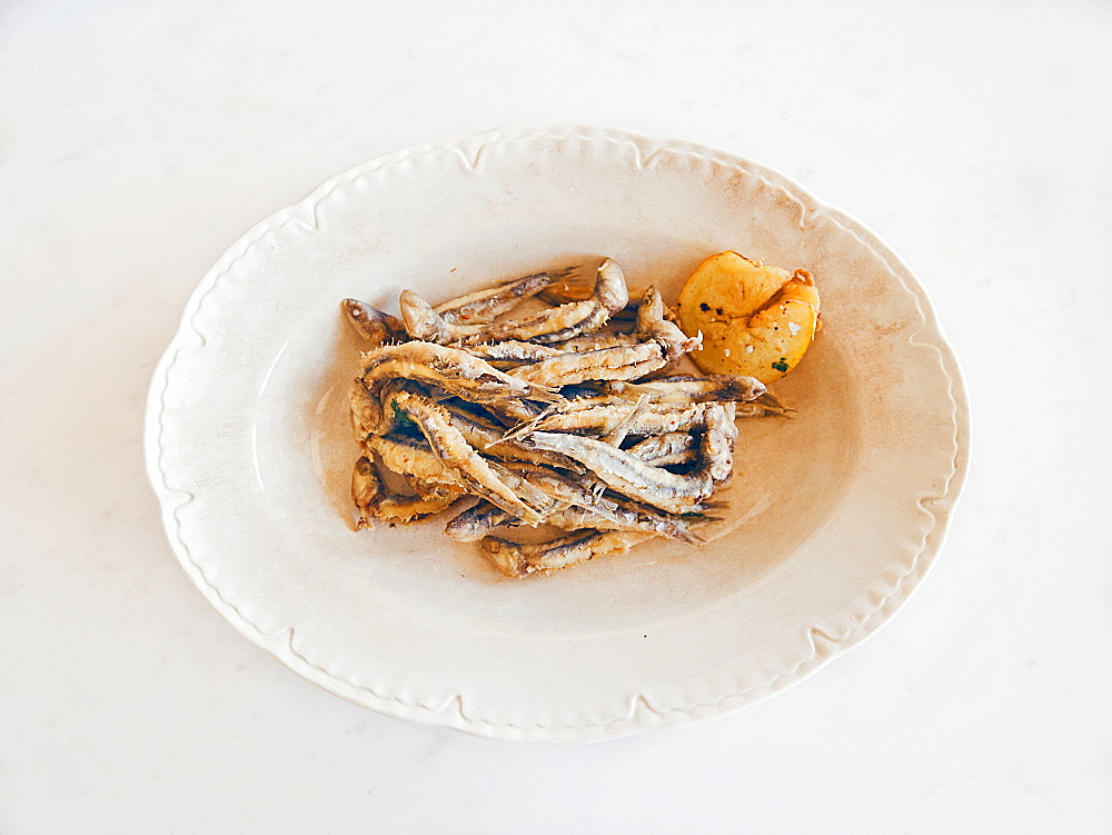 Fried anchovies in an old English porcelain plate, Cetara, Amalfi Coast, Campania, Italy, Europe