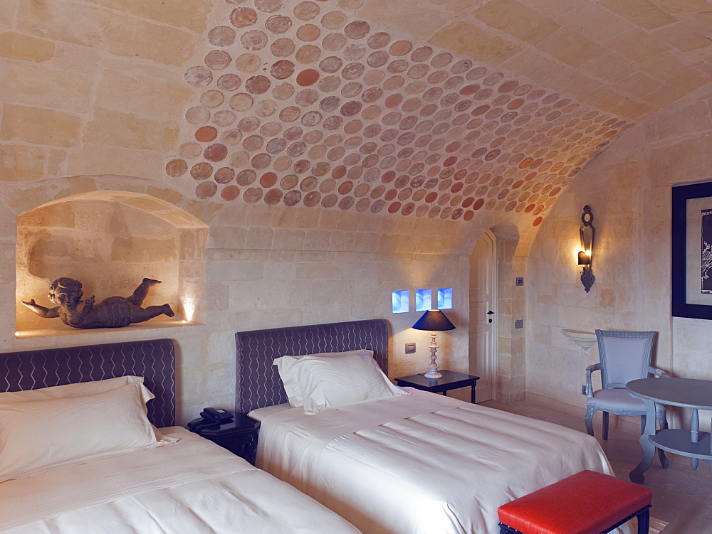 One of the rooms of Palazzo Gattini a luxury hotel located in Piazza del Duomo in Matera, Basilicata, Italy, Europe