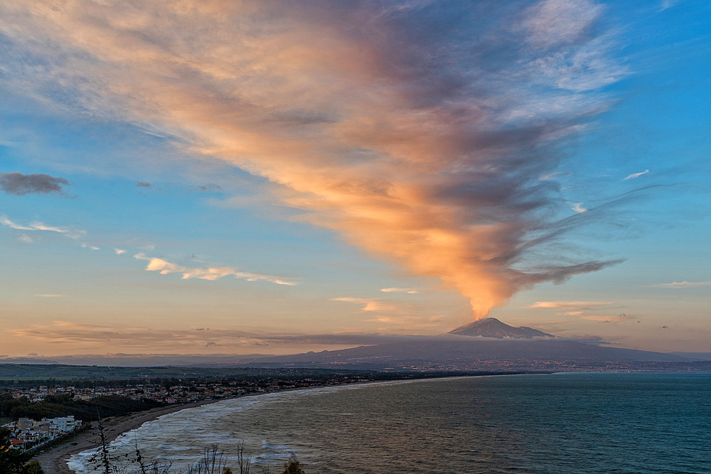 Night eruption of Etna volcano seen from castelluccio village, Etna National Park, UNESCO, World Heritage Site, Sicily, Italy, Europe