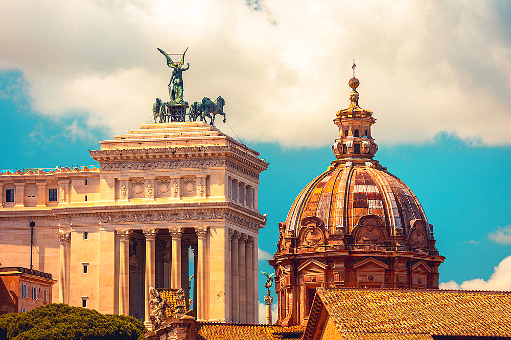 Beautiful panorama view on Altar of the Fatherland and Church of Santi Luca and Martina, Rome, Italy, Europe