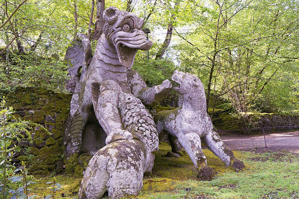 Dragon, the Sacro Bosco, Sacred Grove colloquially called Park of the Monsters, XVI century, Parco dei Mostri in Italian, Bomarzo, Lazio, Italy, Europe