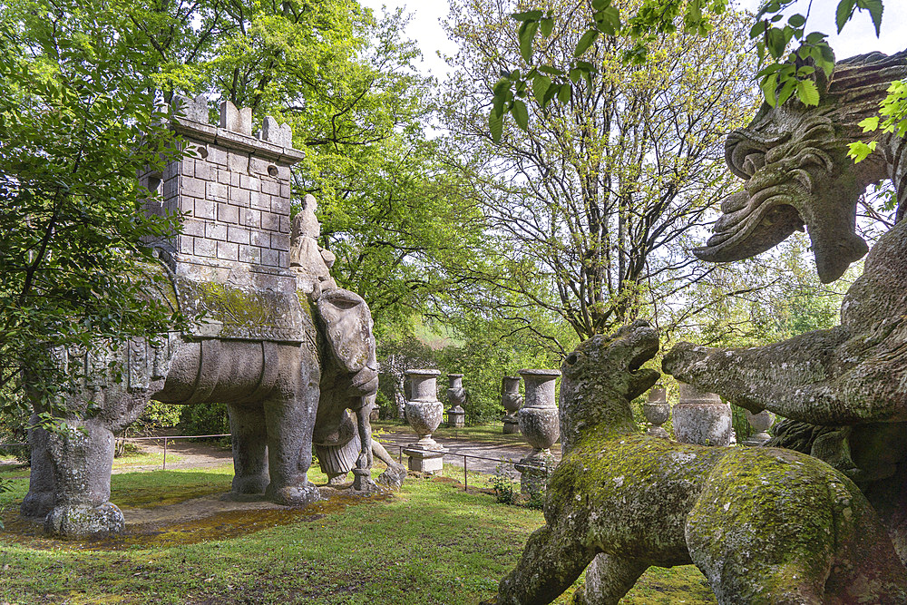 Dragon and Elephant, the Sacro Bosco, Sacred Grove colloquially called Park of the Monsters, XVI century, Parco dei Mostri in Italian, Bomarzo, Lazio, Italy, Europe