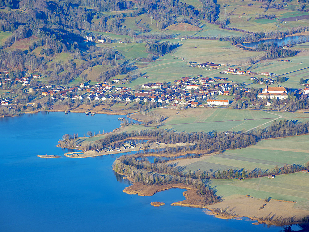 River mouth of river Loisach into lake Kochelsee near Schlehdorf. View from Mt. Jochberg near lake Walchensee towards lake Kochelsee and the foothills of the Bavarian Alps. Europe, Germany, Bavaria