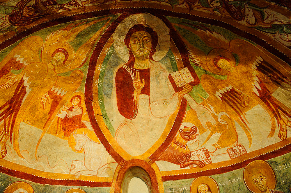 The parish church of San Maurizio, unusual architecture with two apses, decorated with three successive campaigns of frescoes between 1050 and 1486. Roccaforte, Ligurian Alps, Cuneo, Piedmont, Italy, Europe