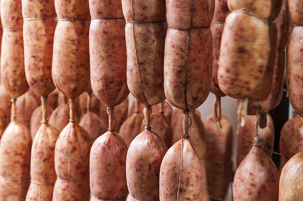 Sergio Motta at the processing of cotechino, sausage cured meat, at the renowned Macelleria Motta, Bellinzago Lombardo, Milan, Lombardy, Italy, Europe