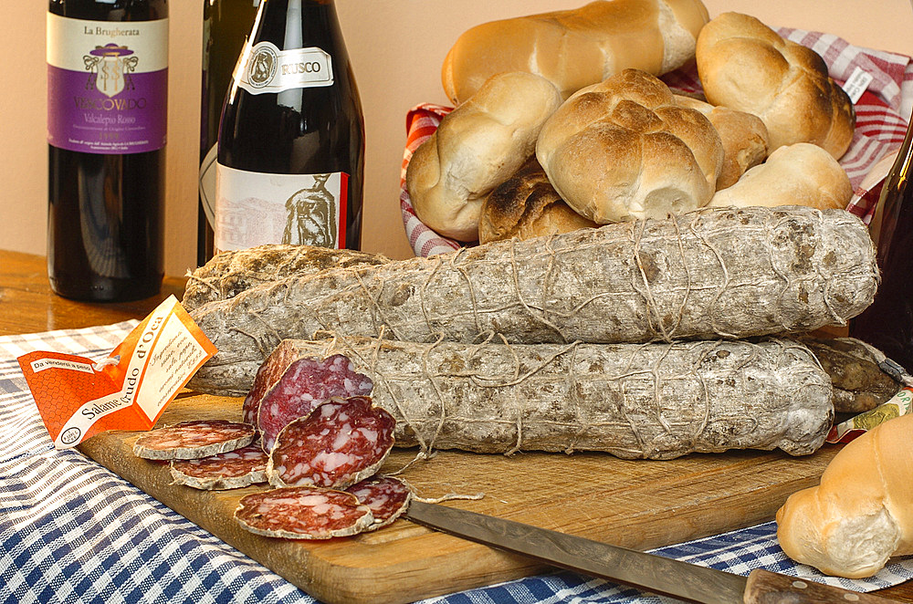 Goose salami, linked to the presence of the Jewish community in the Middle Ages in the city of Mortara, Pavia, Lombardy, Italy, Europe