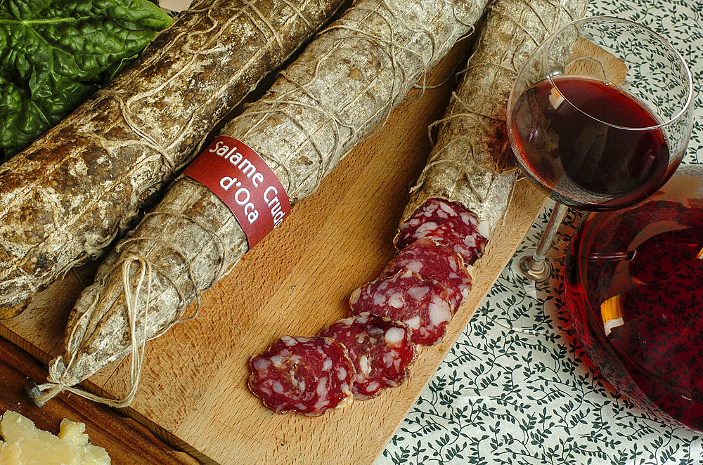 Goose salami, linked to the presence of the Jewish community in the Middle Ages in the city of Mortara, Pavia, Lombardy, Italy, Europe