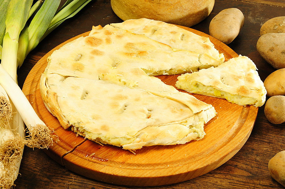 Potato cake, a typical dish of the so-called white cuisine of the hinterland of western Liguria; Mendatica; Imperia; Liguria, Italy