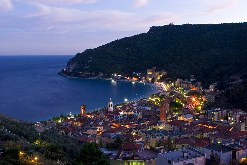 View on the village of Noli from the ruins of the Castle of Monte Ursino. Noli, Savona, Liguria, Italy