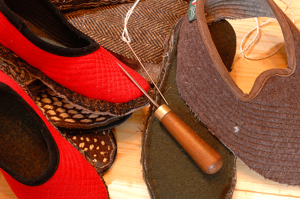 Traditional hand-sewn shoes of the village of Gressoney in Aosta Valley, Italy, Europe