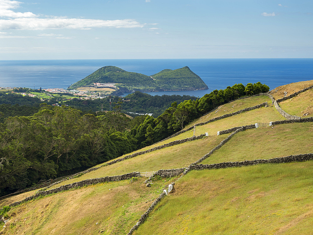 Fields and pastures in the southwest of the island. Island Ilhas Terceira, part of the Azores (Ilhas dos Acores) in the atlantic ocean, an autonomous region of Portugal. Europe, Azores, Portugal.