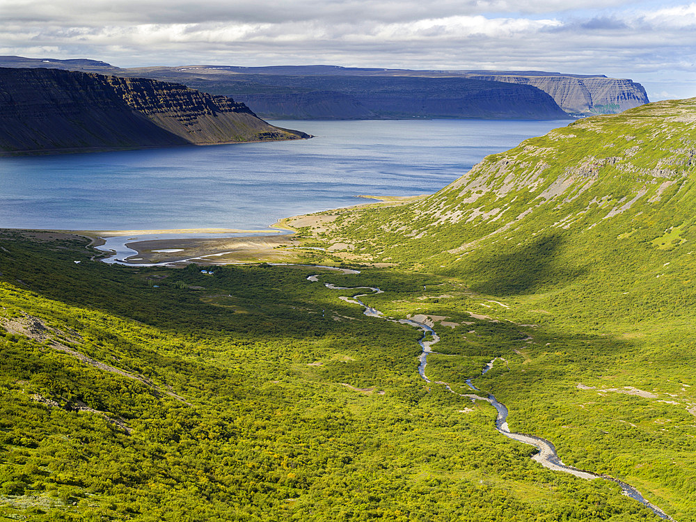 Landscape near fjord Arnarfjoerdur. The remote Westfjords (Vestfirdir) in north west Iceland. Europe, Scandinavia, Iceland