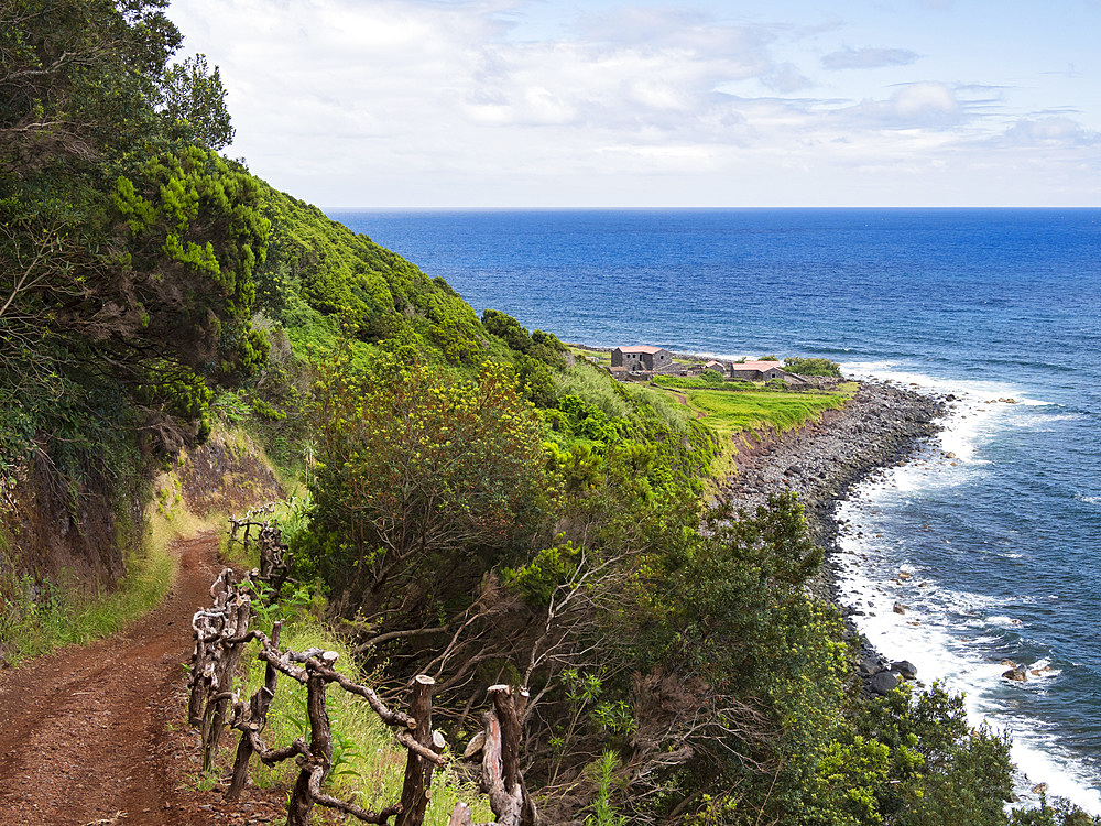 The coast near Faja da Caldeira de Santo Cristo . Sao Jorge Island, an island in the Azores (Ilhas dos Acores) in the Atlantic ocean. The Azores are an autonomous region of Portugal. Europe, Portugal, Azores