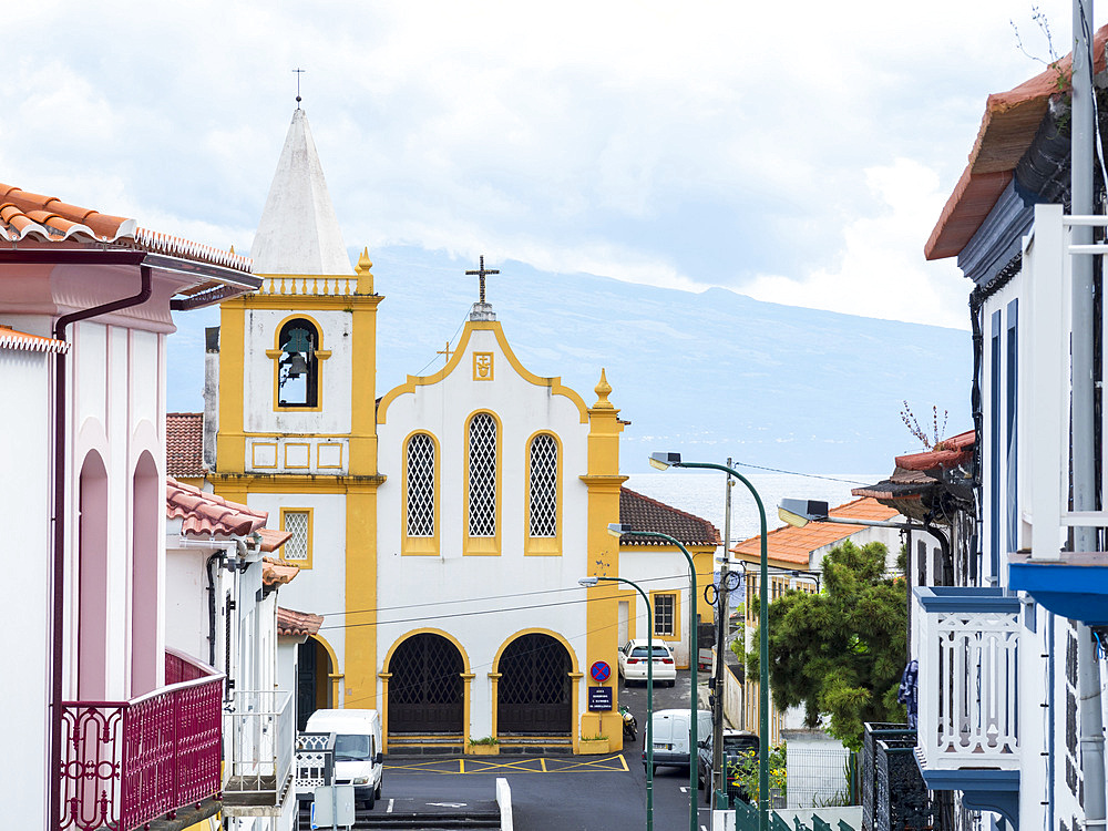 Igreja de Sao Francisco. Velas, the main town on the island. Sao Jorge Island, an island in the Azores (Ilhas dos Acores) in the Atlantic ocean. The Azores are an autonomous region of Portugal. Europe, Portugal, Azores