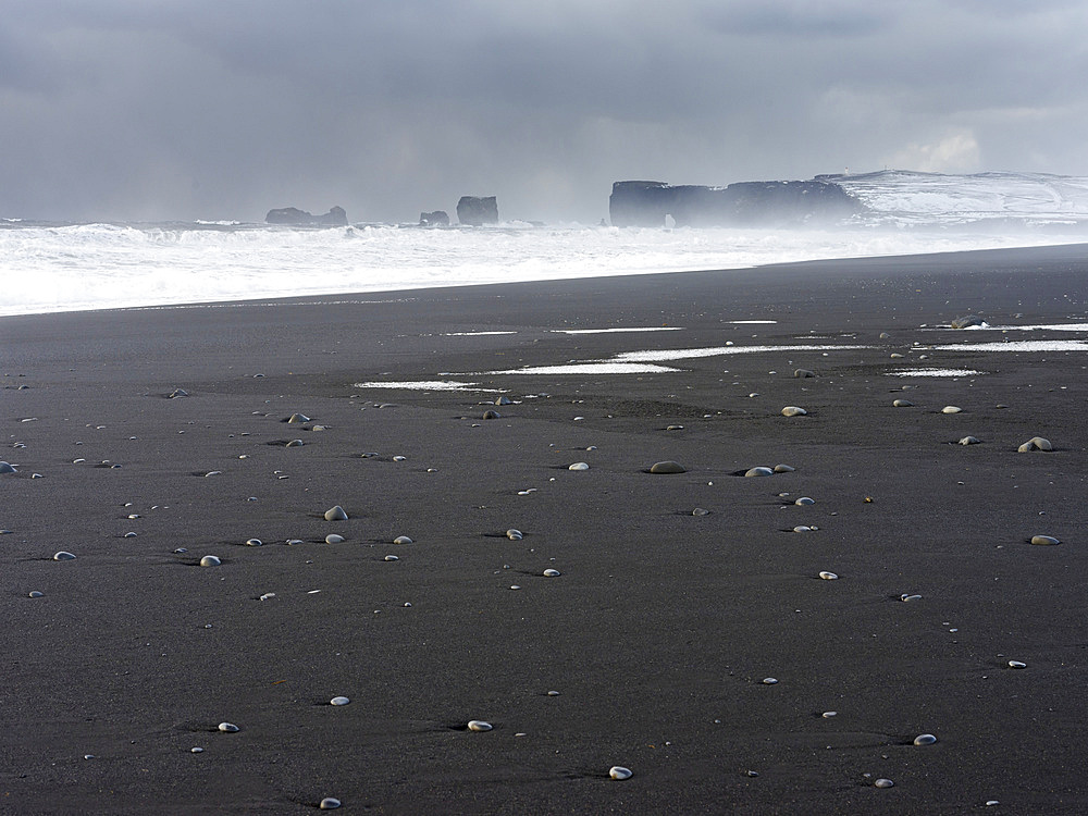 The coast of the north atlantic near Vik y Myrdal during winter. Black volcanic beach Reynisfjara, view towards Dyrholaey. Europe, Northern Europe, Scandinavia, Iceland, February