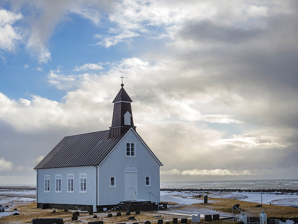 Strandarkirkja, a small church right at the shore of the north atlantic. Northern Europe, Scandinavia, Iceland, February