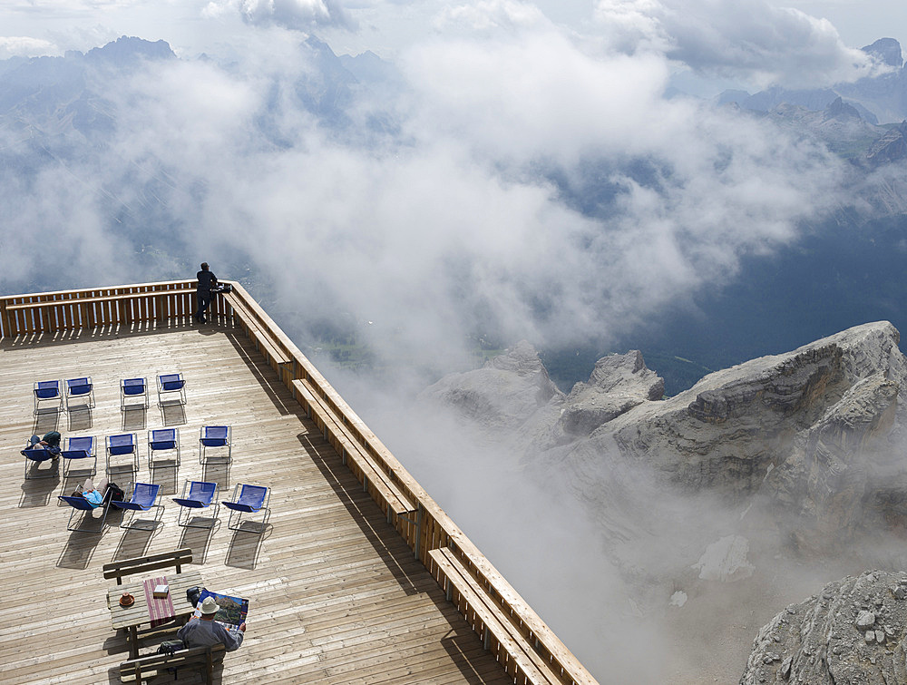 Viewing platform of the Cable car up to the Tofana di Mezzo in the dolomites of the Veneto near Cortina d'Ampezzo . The Tofane are part of the UNESCO world heritage the Dolomites. Europe, Central Europe, Italy