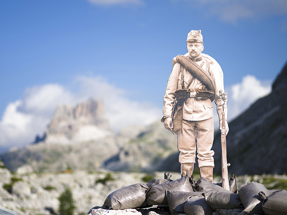 Figure of an austrian soldier. Fort Tre Sassi at Passo di Valparola in the dolomites. Tre Sassi dates back to world war one and is now museum. Europe, Central Europe, Italy