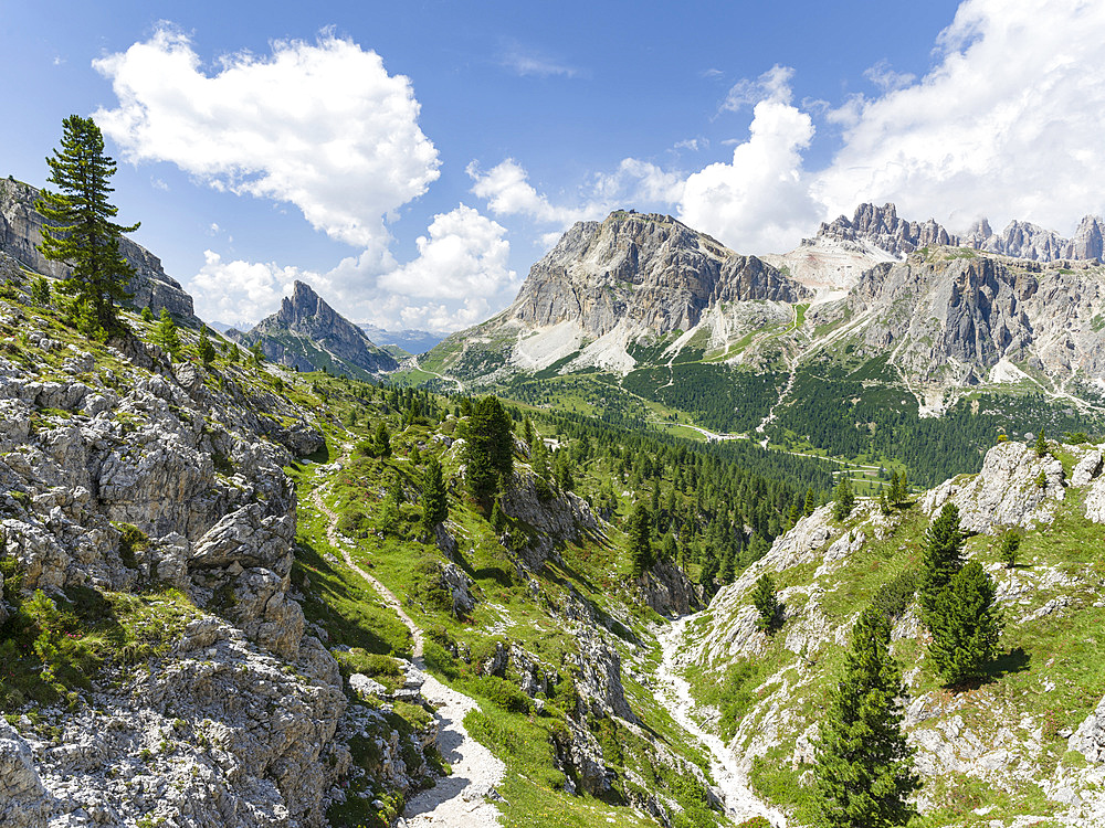 Dolomites at Passo Falzarego, Lagazuoi, Fanes and Monte Cavallo in the nature park Fanes Sennes Prags, part of the UNESCO world heritage the dolomites. Europe, Central Europe, Italy