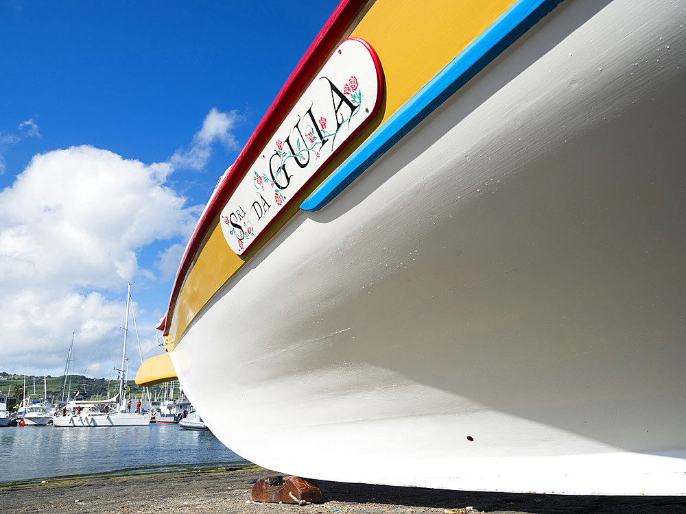 Whaling boats in the marina, famous and loved by circumnavigators. Horta, the main town on Faial. Faial Island, an island in the Azores (Ilhas dos Acores) in the Atlantic ocean. The Azores are an autonomous region of Portugal.