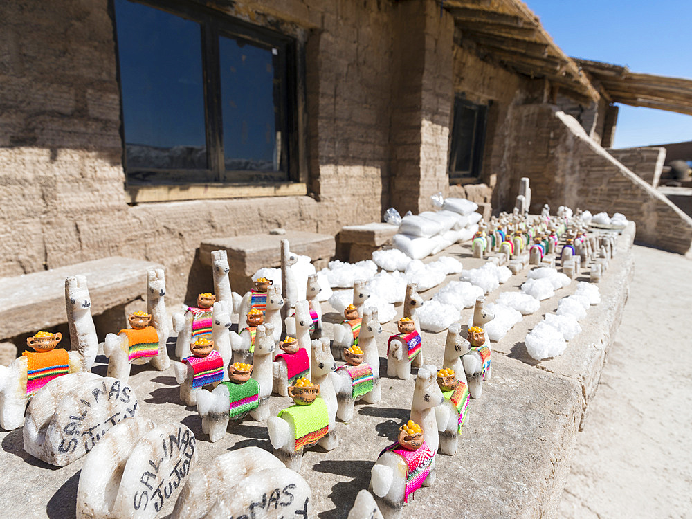 Salt processing area open to visitors, typical curios. The salt flats Salar Salinas Grandes in the Altiplano. South America, Argentina