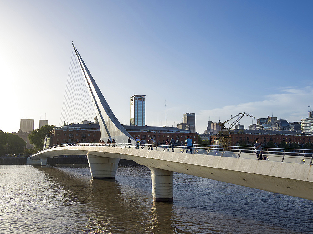 Puente de la Mujer a rotating footbridge designed by architect Stantiago Calatrava. Puerto Madero, the modern living quarter around the old docks of Buenos Aires. Buenos Aires, capital of Argentina. South America, Argentina, Buenos Aires, November