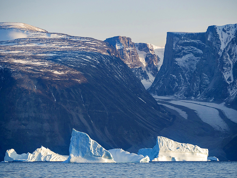 Icebergs in the Uummannaq fjord system in the north of west greenland. Nuussuaq Peninsula in the background. America, North America, Greenland, Denmark