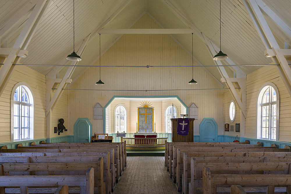 The church. Grytviken Whaling Station in South Georgia. Grytviken is open to visitors, but most walls and roofs of the factory have been demolished for safety reasons. Antarctica, Subantarctica, South Georgia, October