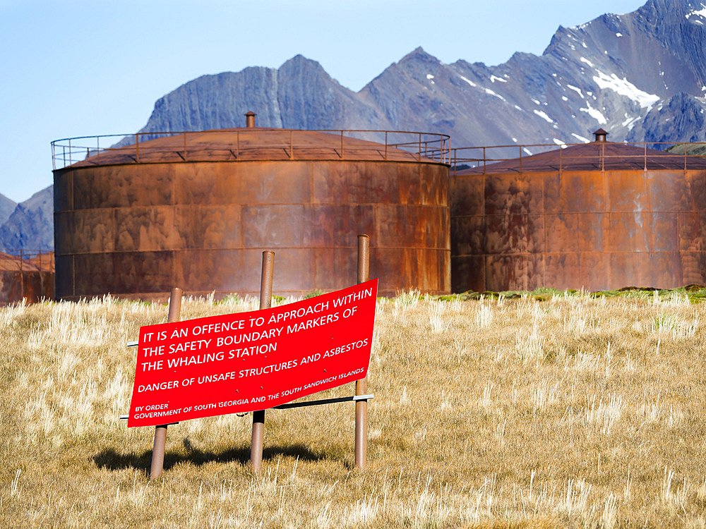 Ruins of Stromness Whaling Station in South Georgia, sign to ban access to the station. Antarctica, Subantarctica, South Georgia, October