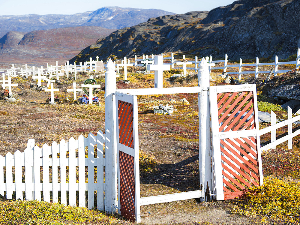 The cemetery.The Inuit village Oqaatsut (once called Rodebay) located in the Disko Bay. America, North America, Greenland, Denmark