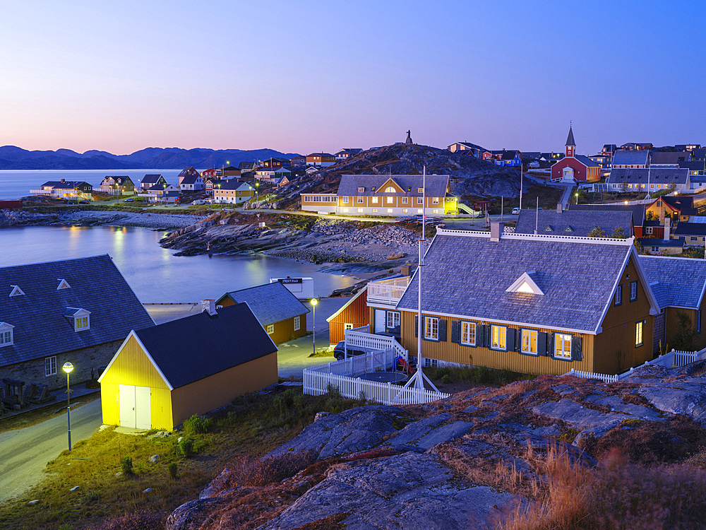 View over the old colonial harbour and the old town. Nuuk the capital of Greenland during late autumn. America, North America, Greenland, danish terriotory