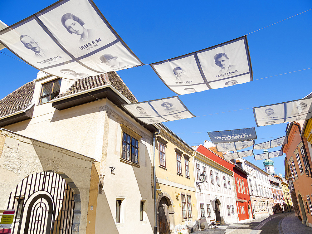 The Old Synagogue (O-Szinagoga) with pictures of victims of the persecution of Jews. Sopron in Transdanubia in the west of Hungary close to the border with Austria. Europe, Eastern Europe, Hungary