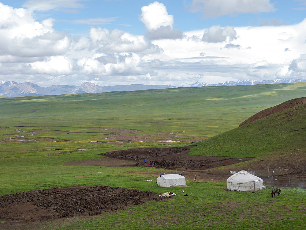 Production of fuel made of dung. The Alaj valley in the Pamir Mountains, Asia, Central Asia, Kyrgyzstan