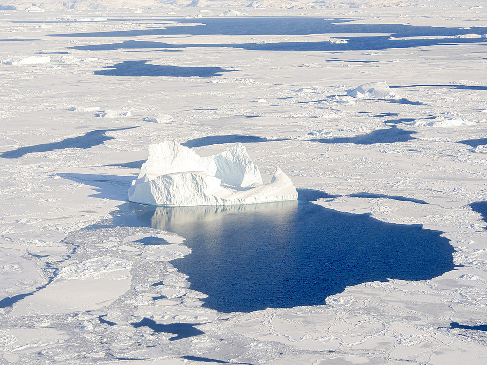 Sea ice with icebergs in the Baffin Bay, between Kullorsuaq and Upernavik in the far north of Greenland during winter.