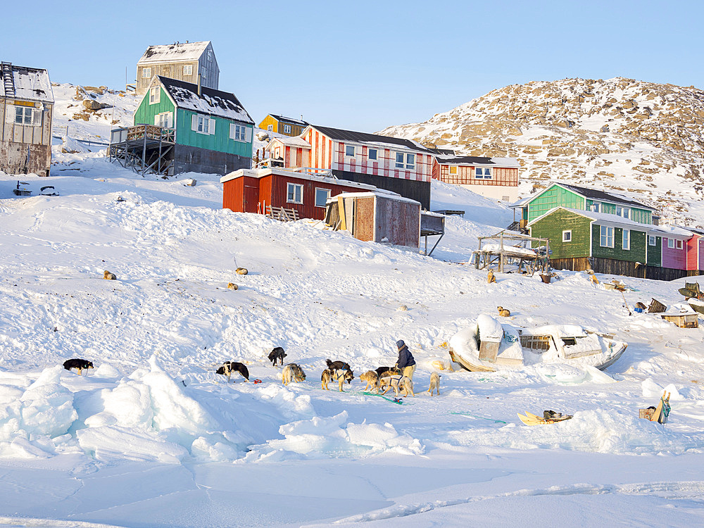 The traditional and remote greenlandic inuit village Kullorsuaq located at the Melville Bay, part of the Baffin Bay, in the far north of West Greenland. America, North America, Greenland, Denmark